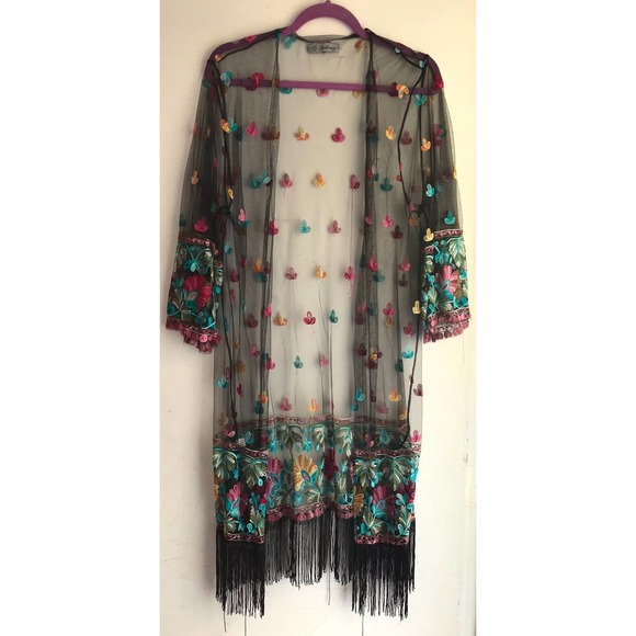 Vintage Tops - Desheng Embroidered Kimono Floral Flower